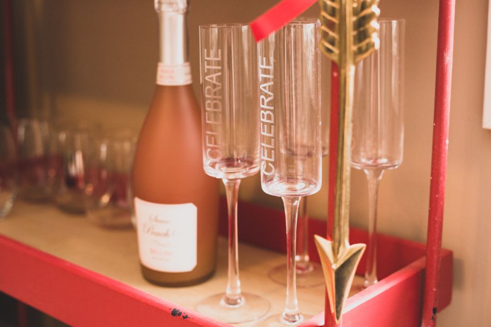 Wine glasses and bottles on the counter